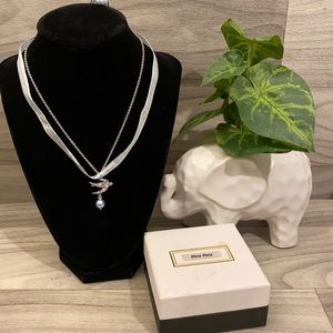 MIU MIU Swallow-pendant Gingham Necklace In Blue